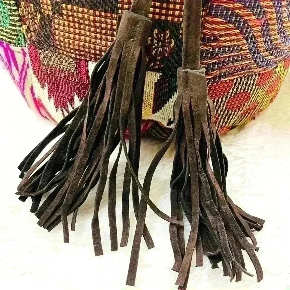 Handcrafted Patchwork Bucket Boho Hobo Drawstring Tassel Backpack Bag